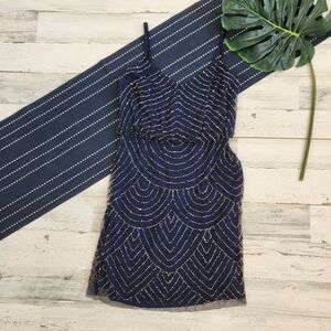 Adrianna Papell Evening Beaded Sequin Mini Dress Navy Size 6